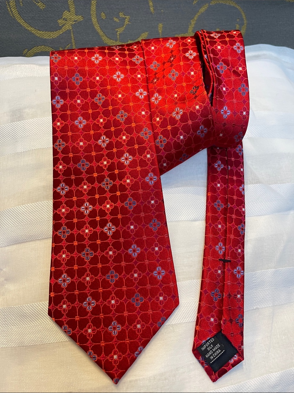 croft & barrow Red Silk Tie with Small Floral Geometric Motif
